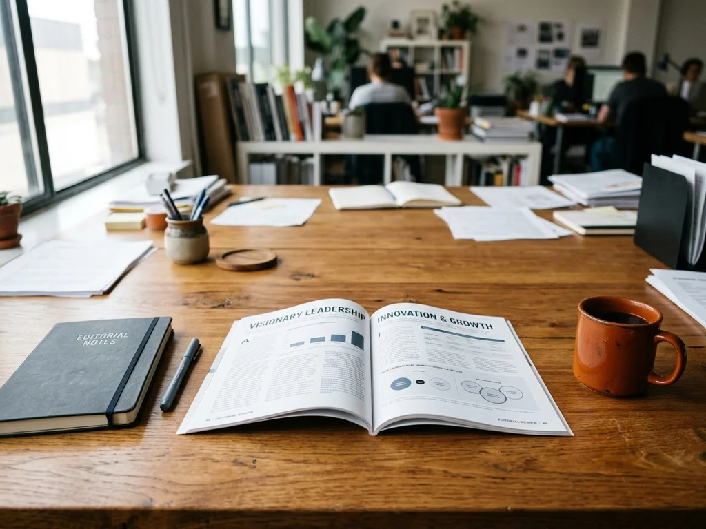 Redaktionsschreibtisch mit Notizblock, Kaffee und aufgeschlagenem Magazin für professionelle geschäftliche Anfragen.